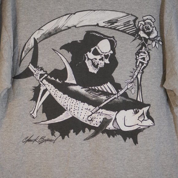 Gildan Shirt Mens Size L Long Sleeve Heathered Gray Fish Graphic Chuck Byron - Picture 7 of 7